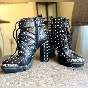 Gianni Bini Shoes | Black Leather Studded Boots, Size 6.5.